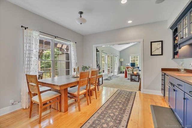 100 Round Hill Rd, Middletown, CT 06457 - dining room with vaulted ceiling, light wood-style flooring, baseboards, and recessed lighting