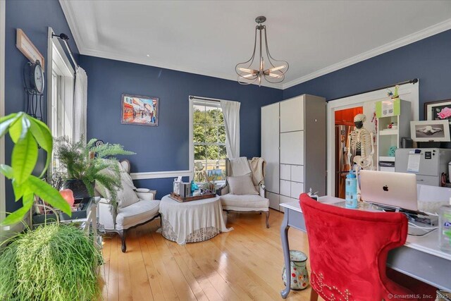 100 Round Hill Rd, Middletown, CT 06457 - dining room with a chandelier, ornamental molding, wood-type flooring, and an office area
