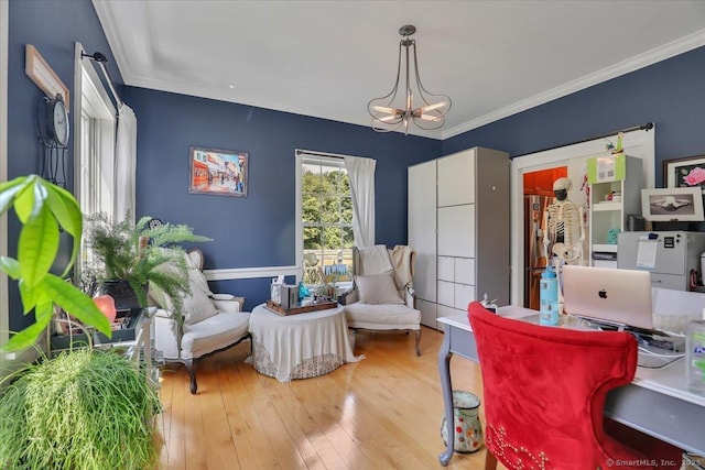 100 Round Hill Rd, Middletown, CT 06457 - dining room with a chandelier, ornamental molding, hardwood / wood-style floors, and a desk