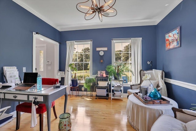 100 Round Hill Rd, Middletown, CT 06457 - office area with a chandelier, light wood-style flooring, and crown molding