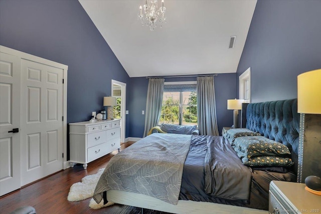 100 Round Hill Rd, Middletown, CT 06457 - bedroom featuring high vaulted ceiling, wood finished floors, a chandelier, and baseboards