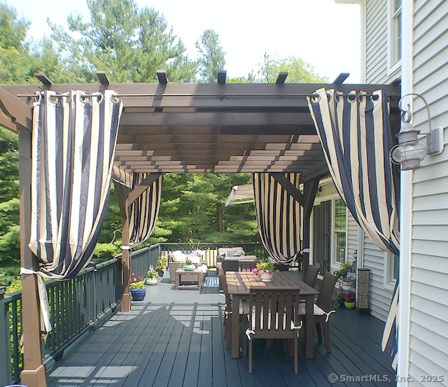 100 Round Hill Rd, Middletown, CT 06457 - wooden terrace featuring an outdoor living space, a pergola, and outdoor dining area