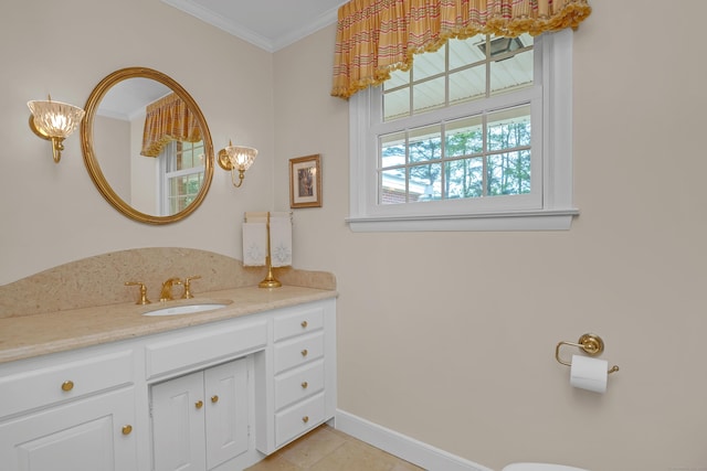 116 Thornbush Rd, Wethersfield, CT 06109 - bathroom with vanity, crown molding, tile patterned flooring, and baseboards