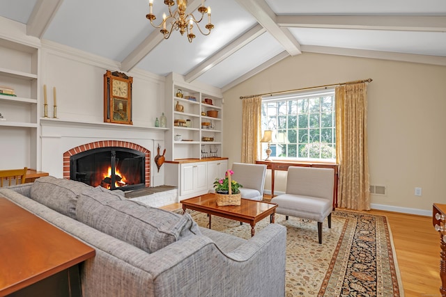 116 Thornbush Rd, Wethersfield, CT 06109 - living room featuring a brick fireplace, light wood-style floors, a chandelier, and baseboards