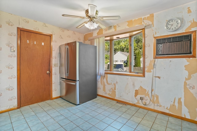 1 Cedar Rd, Danbury, CT 06811 - kitchen featuring freestanding refrigerator, wallpapered walls, a wall mounted AC, a ceiling fan, and baseboards