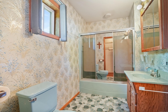 1 Cedar Rd, Danbury, CT 06811 - bathroom featuring toilet, wallpapered walls, enclosed tub / shower combo, vanity, and baseboards