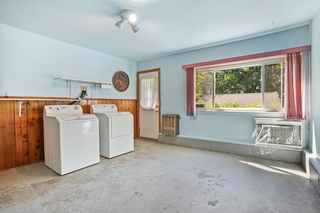 1 Cedar Rd, Danbury, CT 06811 - washroom featuring washer and clothes dryer, heating unit, wainscoting, and wood walls