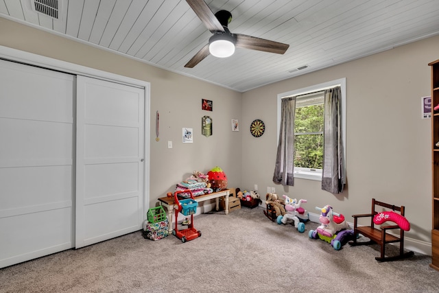 3 Lynns Corner Rd, Woodbury, CT 06798 - rec room with a ceiling fan, carpet floors, and wooden ceiling