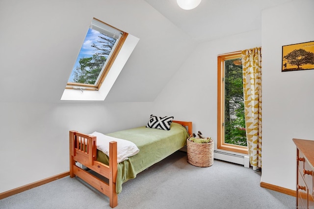 33 Erdoni Rd, Columbia, CT 06237 - bedroom featuring a baseboard radiator, carpet floors, lofted ceiling, baseboards, and a skylight