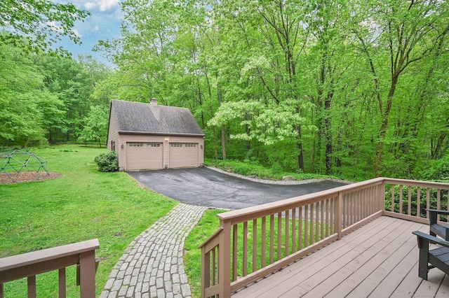 33 Erdoni Rd, Columbia, CT 06237 - wooden terrace featuring an outbuilding, a lawn, a detached garage, and a forest view