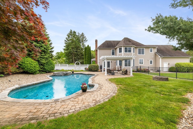 view of pool with a pergola, a patio, and a pool with connected hot tub
