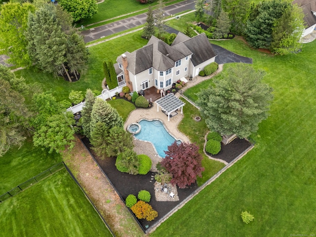 view from above of property featuring a pool