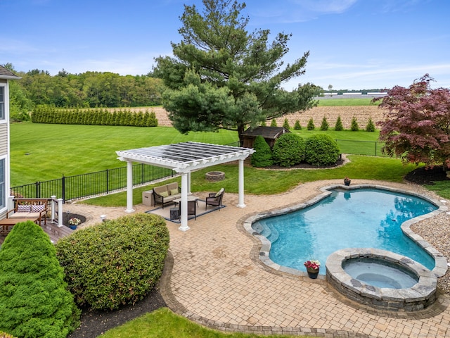 view of pool featuring agricultural plots, a pergola, a rural view, a patio area, and a pool with connected hot tub