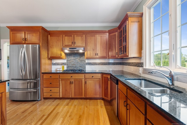 kitchen with stainless steel appliances, a sink, brown cabinetry, under cabinet range hood, and ornamental molding