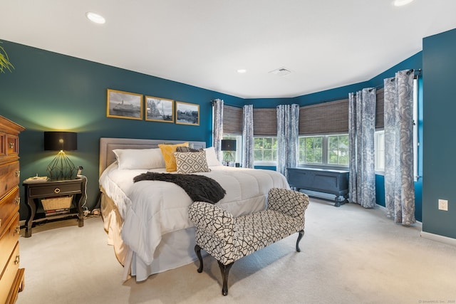 carpeted bedroom with baseboards and recessed lighting