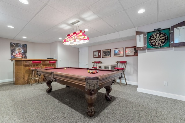 recreation room featuring carpet floors, baseboards, recessed lighting, and billiards table