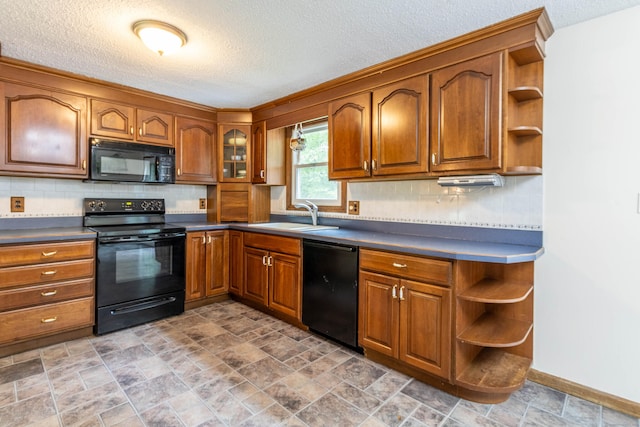 9 Berkshire Dr, East Hampton, CT 06424 - kitchen featuring black appliances, open shelves, a sink, a textured ceiling, and brown cabinetry