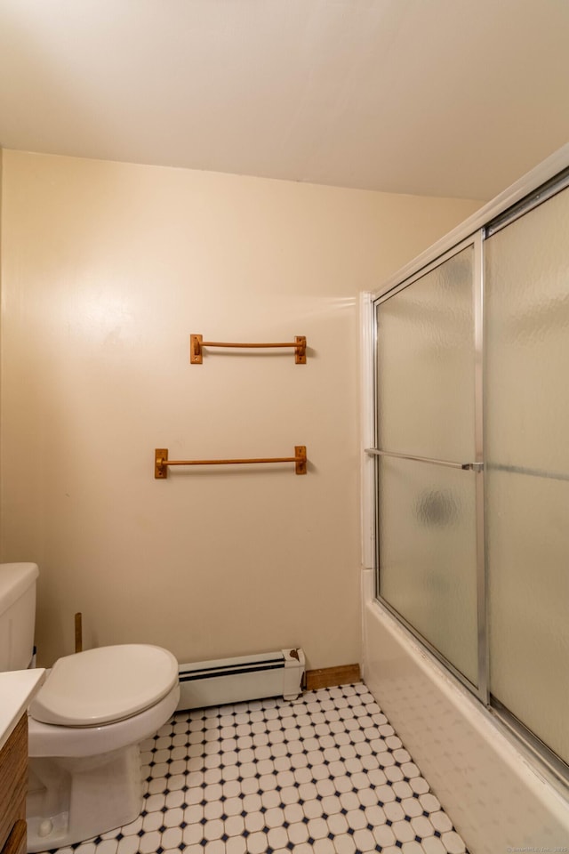 9 Berkshire Dr, East Hampton, CT 06424 - bathroom with a baseboard radiator, toilet, vanity, bath / shower combo with glass door, and baseboards