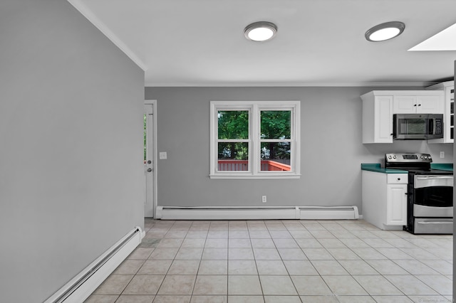 6 Marbil Rd, Danbury, CT 06811 - kitchen with stainless steel appliances, crown molding, baseboard heating, white cabinetry, and light tile patterned floors