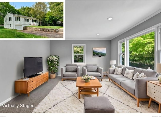 6 Marbil Rd, Danbury, CT 06811 - carpeted living area featuring crown molding, recessed lighting, and baseboards