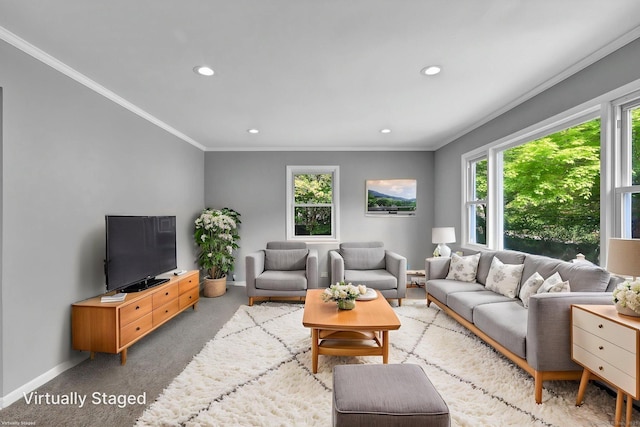 6 Marbil Rd, Danbury, CT 06811 - living area with recessed lighting, ornamental molding, baseboards, and light carpet