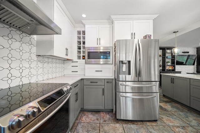 108 Lohse Rd, Willington, CT 06279 - kitchen with appliances with stainless steel finishes, wall chimney exhaust hood, gray cabinets, backsplash, and recessed lighting