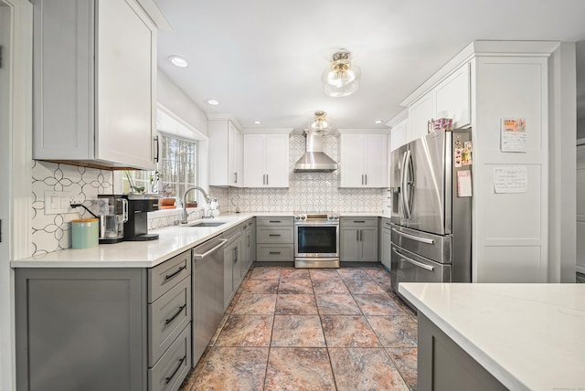 108 Lohse Rd, Willington, CT 06279 - kitchen featuring appliances with stainless steel finishes, gray cabinetry, wall chimney exhaust hood, a sink, and decorative backsplash