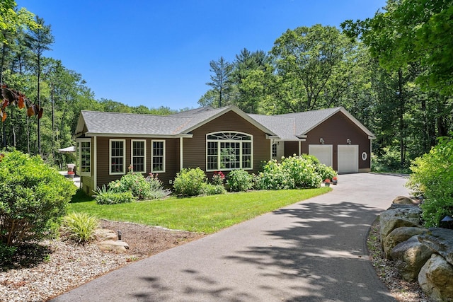 108 Lohse Rd, Willington, CT 06279 - ranch-style house with a front lawn, a garage, roof with shingles, and asphalt driveway