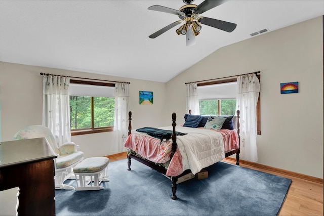 1 Nod Brook Dr, Simsbury, CT 06070 - bedroom featuring multiple windows, vaulted ceiling, wood finished floors, baseboards, and a ceiling fan
