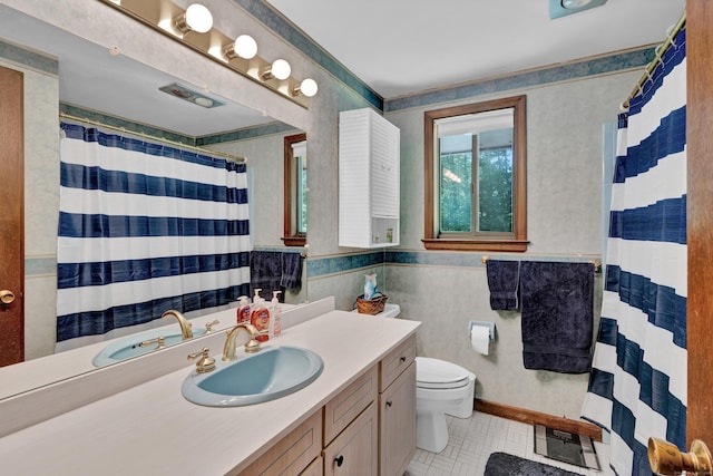 1 Nod Brook Dr, Simsbury, CT 06070 - full bath featuring wallpapered walls, toilet, vanity, tile patterned flooring, and a shower with curtain
