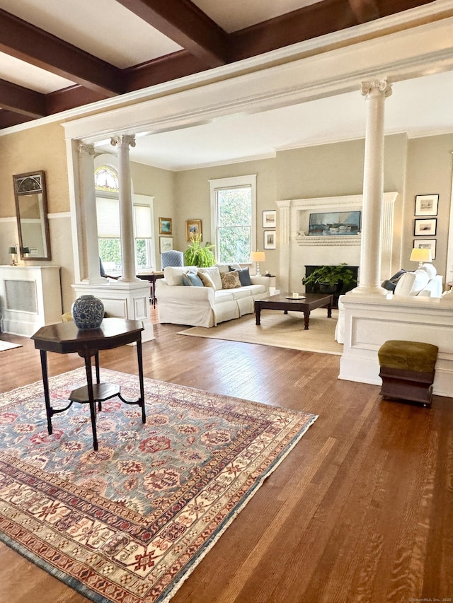 27 Church St, Groton, CT 06340 - living area with decorative columns, beam ceiling, wood finished floors, and coffered ceiling