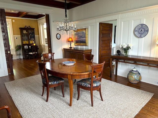 27 Church St, Groton, CT 06340 - dining room featuring a decorative wall, a chandelier, wood finished floors, beamed ceiling, and crown molding