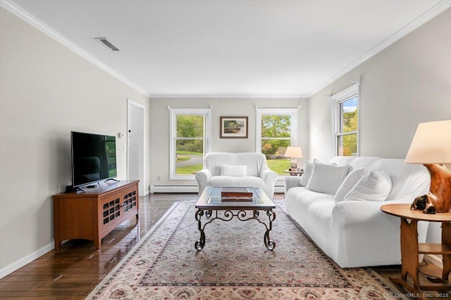 299 W Flat Hill Rd, Southbury, CT 06488 - living area with a baseboard radiator, crown molding, wood-type flooring, and baseboards