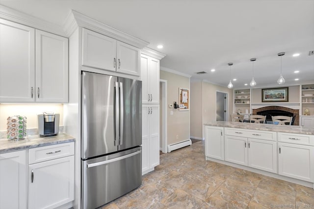 299 W Flat Hill Rd, Southbury, CT 06488 - kitchen with freestanding refrigerator, a baseboard heating unit, crown molding, white cabinetry, and recessed lighting