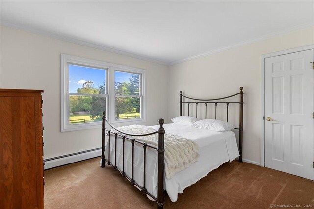 299 W Flat Hill Rd, Southbury, CT 06488 - bedroom featuring a baseboard heating unit, carpet, and ornamental molding
