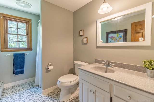 12 Sandy Ln, Marlborough, CT 06447 - full bath featuring vanity, toilet, baseboards, curtained shower, and a baseboard heating unit
