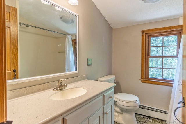 12 Sandy Ln, Marlborough, CT 06447 - full bath featuring a baseboard radiator, toilet, vanity, and curtained shower