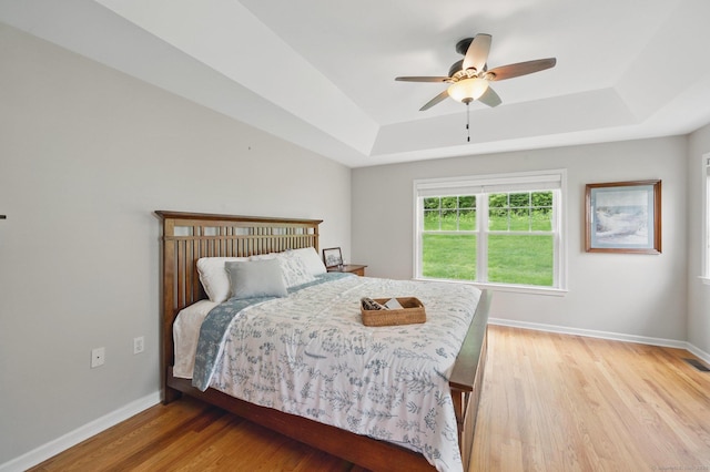 107 Chestnut Hill Rd Unit 107, Portland, CT 06480 - bedroom featuring a raised ceiling, light wood-style flooring, baseboards, and a ceiling fan