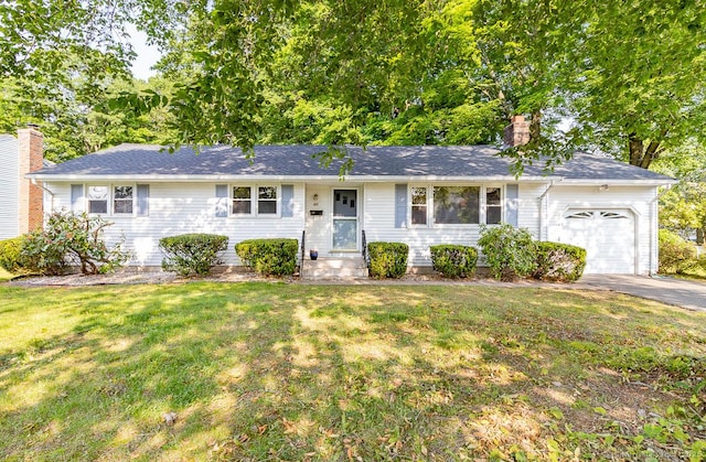 123 Jeffrey Ln, Newington, CT 06111 - ranch-style house featuring a garage, a front lawn, a chimney, entry steps, and driveway