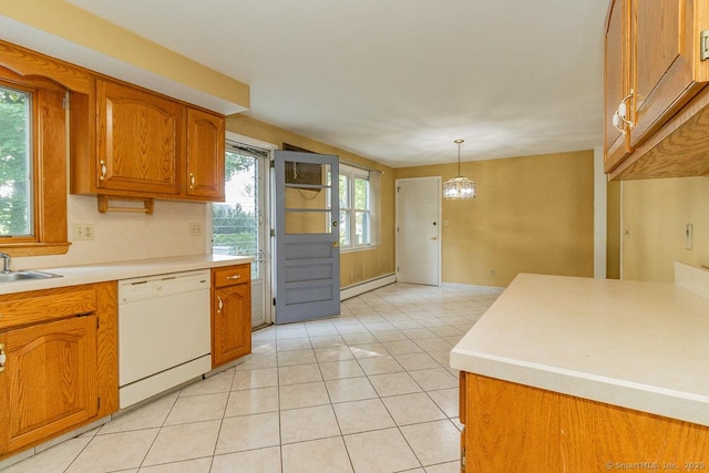 123 Jeffrey Ln, Newington, CT 06111 - kitchen with dishwasher, brown cabinets, a baseboard radiator, and light countertops