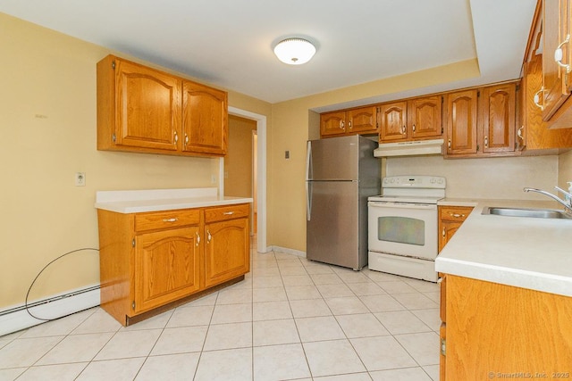 123 Jeffrey Ln, Newington, CT 06111 - kitchen featuring white range with electric cooktop, freestanding refrigerator, under cabinet range hood, a sink, and light countertops