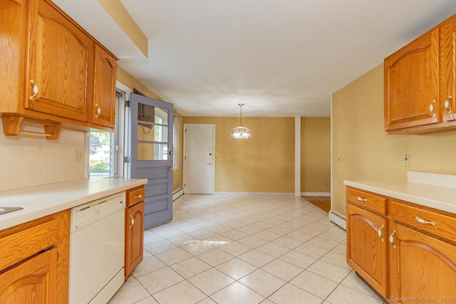 123 Jeffrey Ln, Newington, CT 06111 - kitchen featuring white dishwasher, light countertops, light tile patterned floors, and brown cabinets