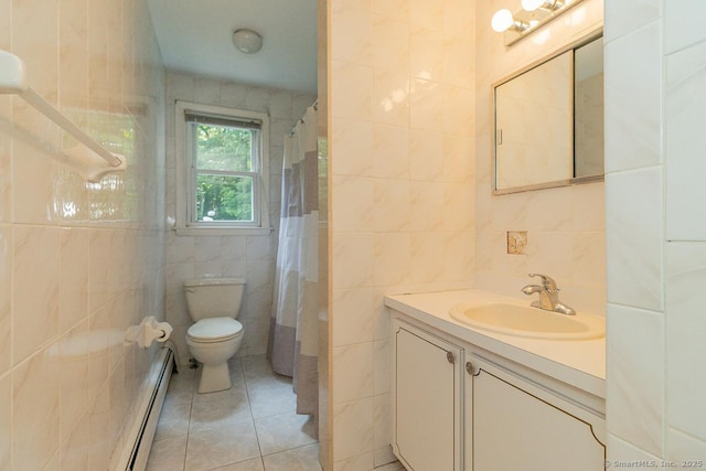 123 Jeffrey Ln, Newington, CT 06111 - full bathroom featuring tile walls, a baseboard heating unit, toilet, tile patterned flooring, and vanity