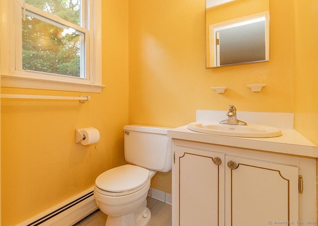 123 Jeffrey Ln, Newington, CT 06111 - bathroom with a baseboard heating unit, toilet, vanity, and tile patterned flooring
