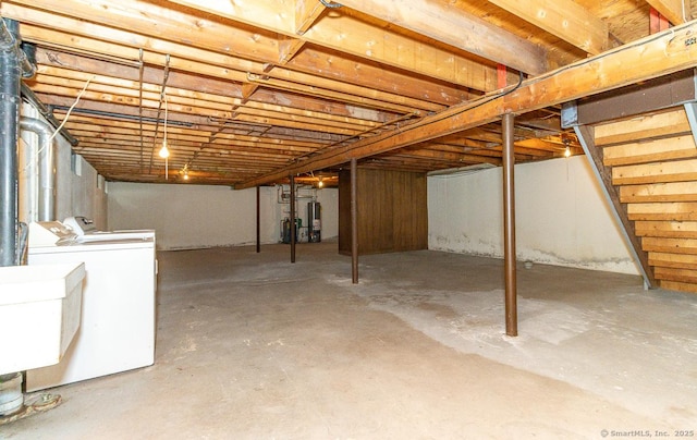 123 Jeffrey Ln, Newington, CT 06111 - unfinished below grade area featuring washer and dryer, stairs, a sink, and gas water heater