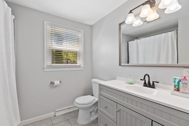 26 Carroll Rd, Hamden, CT 06517 - bathroom featuring a baseboard radiator, toilet, tile patterned floors, vanity, and baseboards