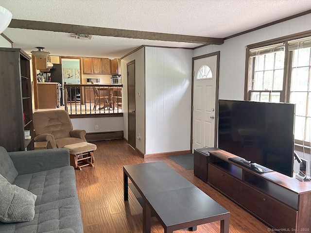 207 Pheasant Dr, Rocky Hill, CT 06067 - living room with a textured ceiling, wood finished floors, baseboards, plenty of natural light, and baseboard heating