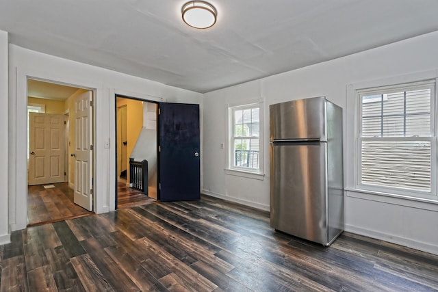 212 Newhall St, New Haven, CT 06511 - kitchen with freestanding refrigerator, dark wood finished floors, and baseboards