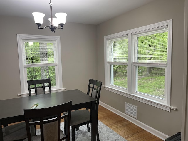 dining room featuring plenty of natural light, a chandelier, baseboards, and wood finished floors