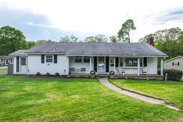 91 Parklawn Dr, Waterbury, CT 06708 - single story home featuring a porch, a chimney, and a front yard